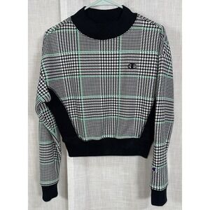 Vintage Champion White Black Green Houndstooth Cropped Sweatshirt Women's Size S